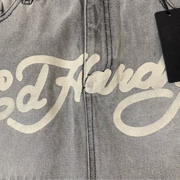 Ed Hardy grey wash Cross denim printed mini skirt L NWT - Picture 3 of 14